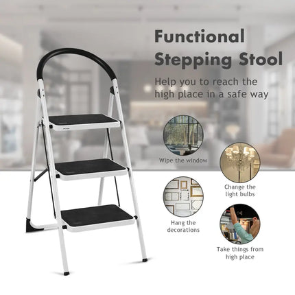 Heavy Duty Industrial Lightweight Folding Stool 3 Step Ladder - Black - Ladders