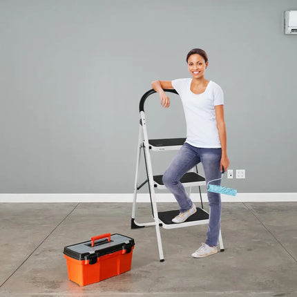 Heavy Duty Industrial Lightweight Folding Stool 3 Step Ladder - Black - Ladders