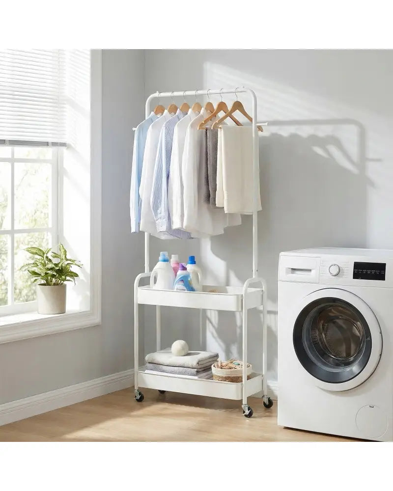 Heavy-Duty Laundry Cart with Hanging Rod and 2 Storage Baskets for Bedroom-White - White - Clothing & Closet Storage