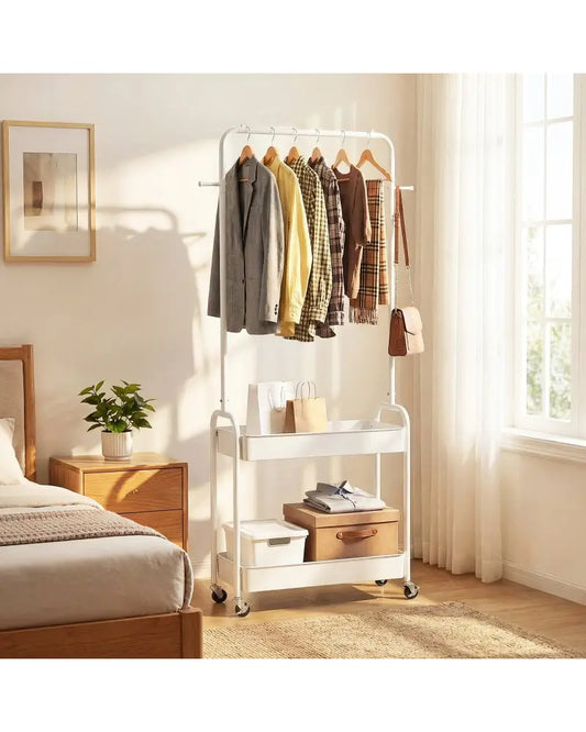 Heavy-Duty Laundry Cart with Hanging Rod and 2 Storage Baskets for Bedroom-White - White - Clothing & Closet Storage