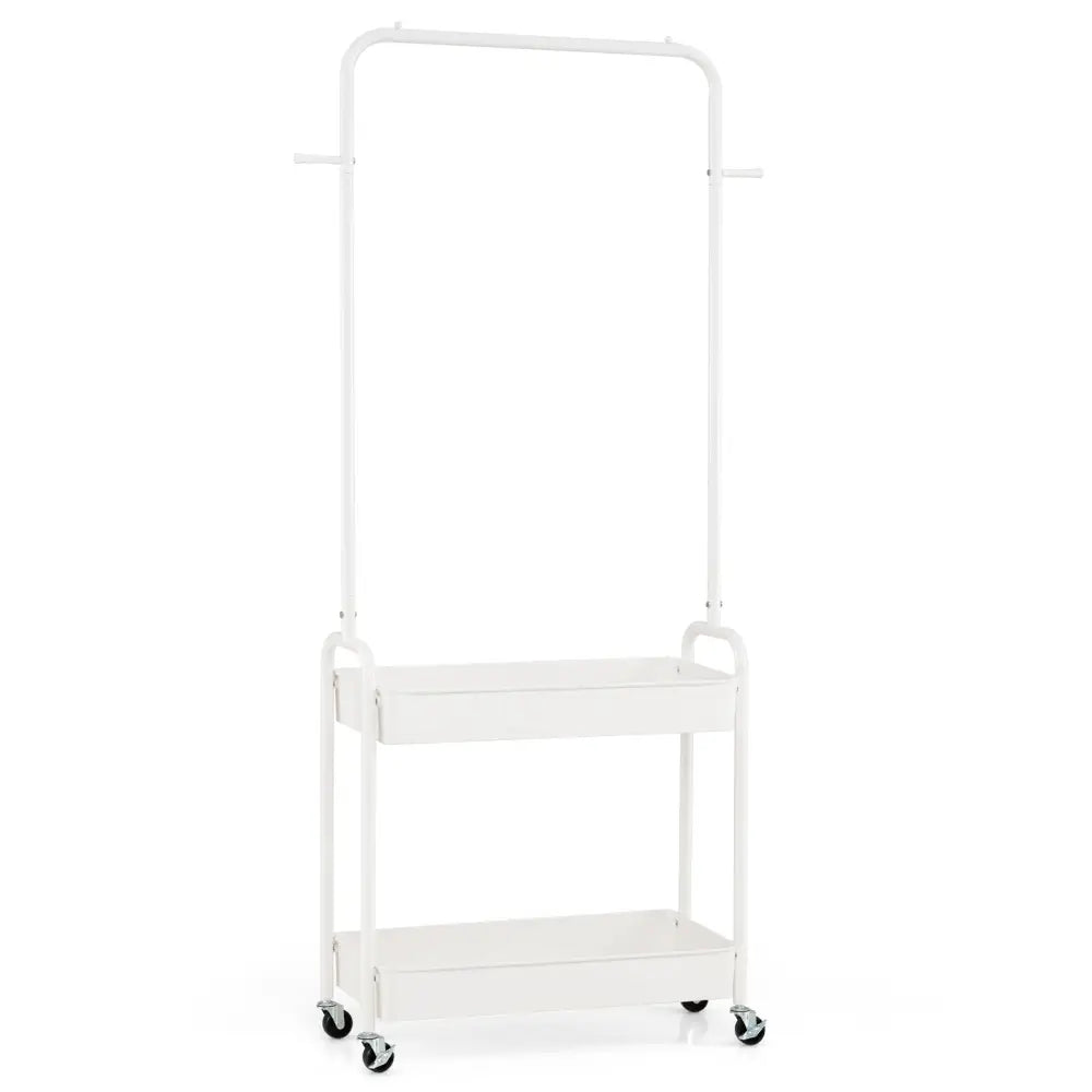 Heavy-Duty Laundry Cart with Hanging Rod and 2 Storage Baskets for Bedroom-White - White - Clothing & Closet Storage