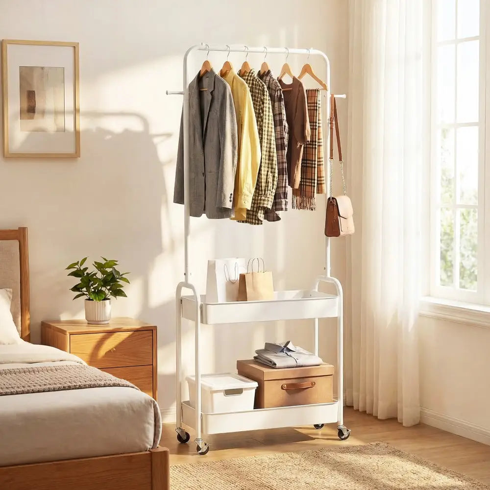 Heavy-Duty Laundry Cart with Hanging Rod and 2 Storage Baskets for Bedroom-White - White - Clothing & Closet Storage