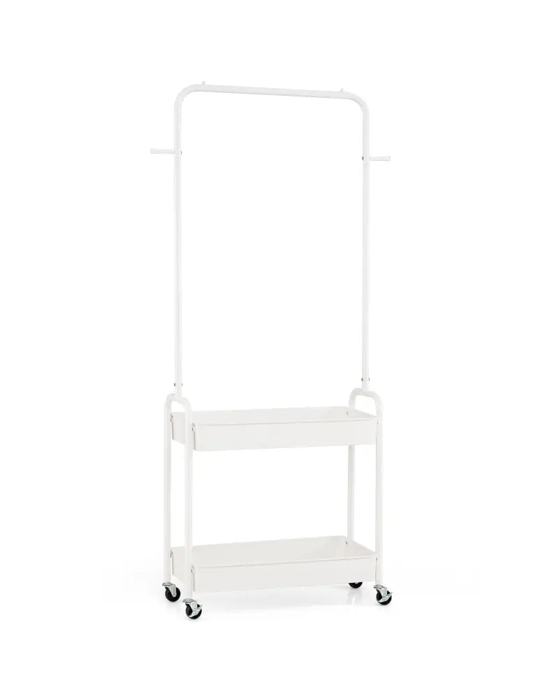 Heavy-Duty Laundry Cart with Hanging Rod and 2 Storage Baskets for Bedroom-White - White - Clothing & Closet Storage