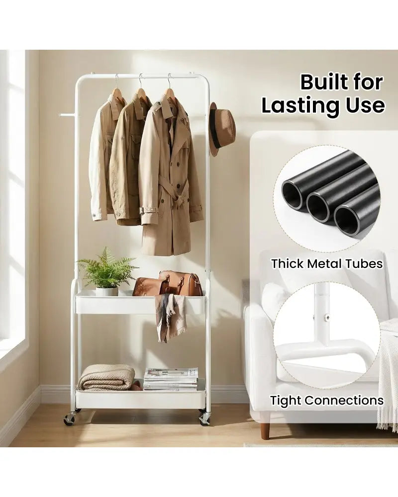 Heavy-Duty Laundry Cart with Hanging Rod and 2 Storage Baskets for Bedroom-White - White - Clothing & Closet Storage