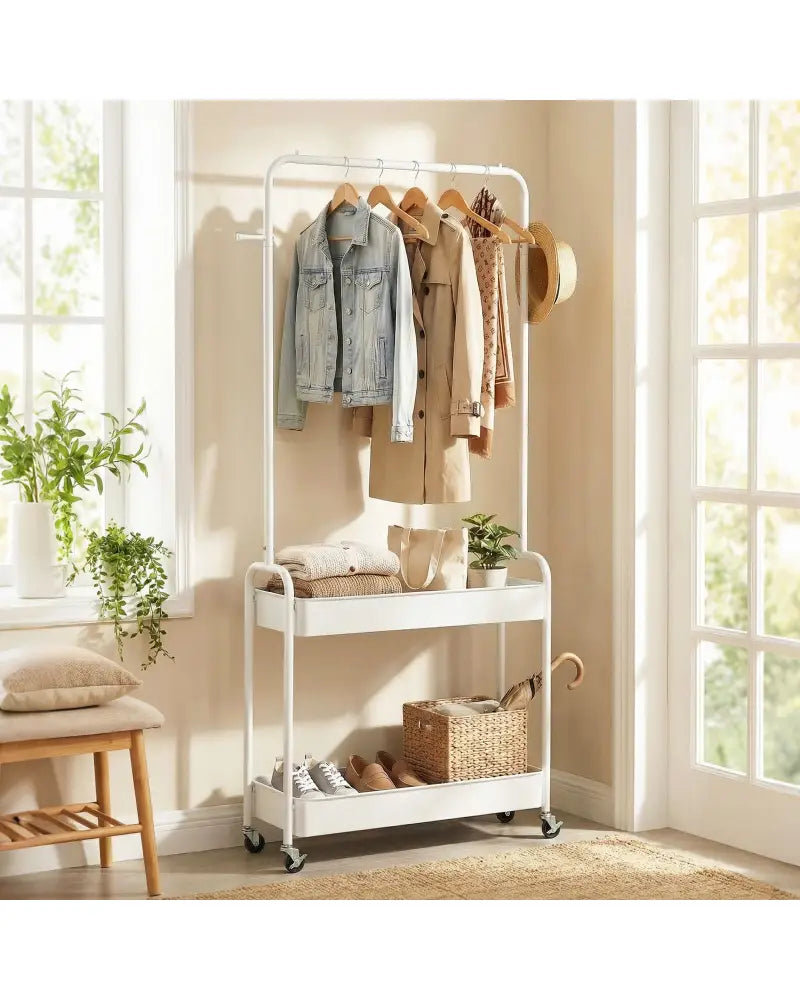 Heavy-Duty Laundry Cart with Hanging Rod and 2 Storage Baskets for Bedroom-White - White - Clothing & Closet Storage