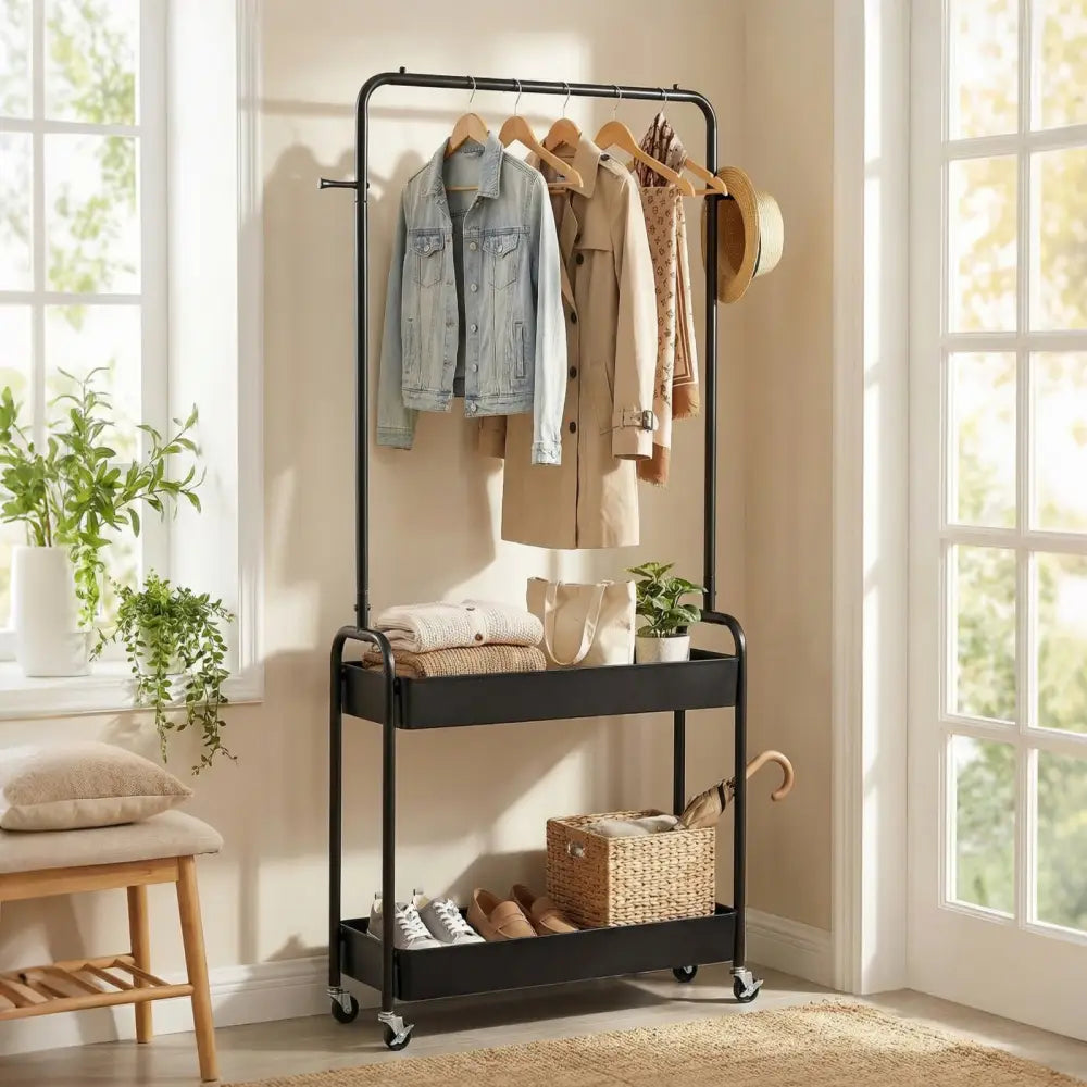 Heavy-Duty Laundry Cart with Hanging Rod and 2 Storage Baskets for Bedroom-Black - Black - Clothing & Closet Storage