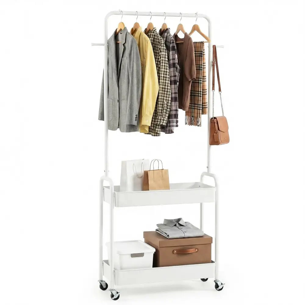 Heavy-Duty Laundry Cart with Hanging Rod and 2 Storage Baskets for Bedroom-White - White - Clothing & Closet Storage