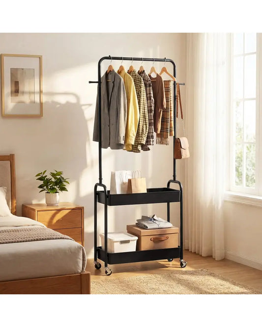 Heavy-Duty Laundry Cart with Hanging Rod and 2 Storage Baskets for Bedroom-Black - Black - Clothing & Closet Storage