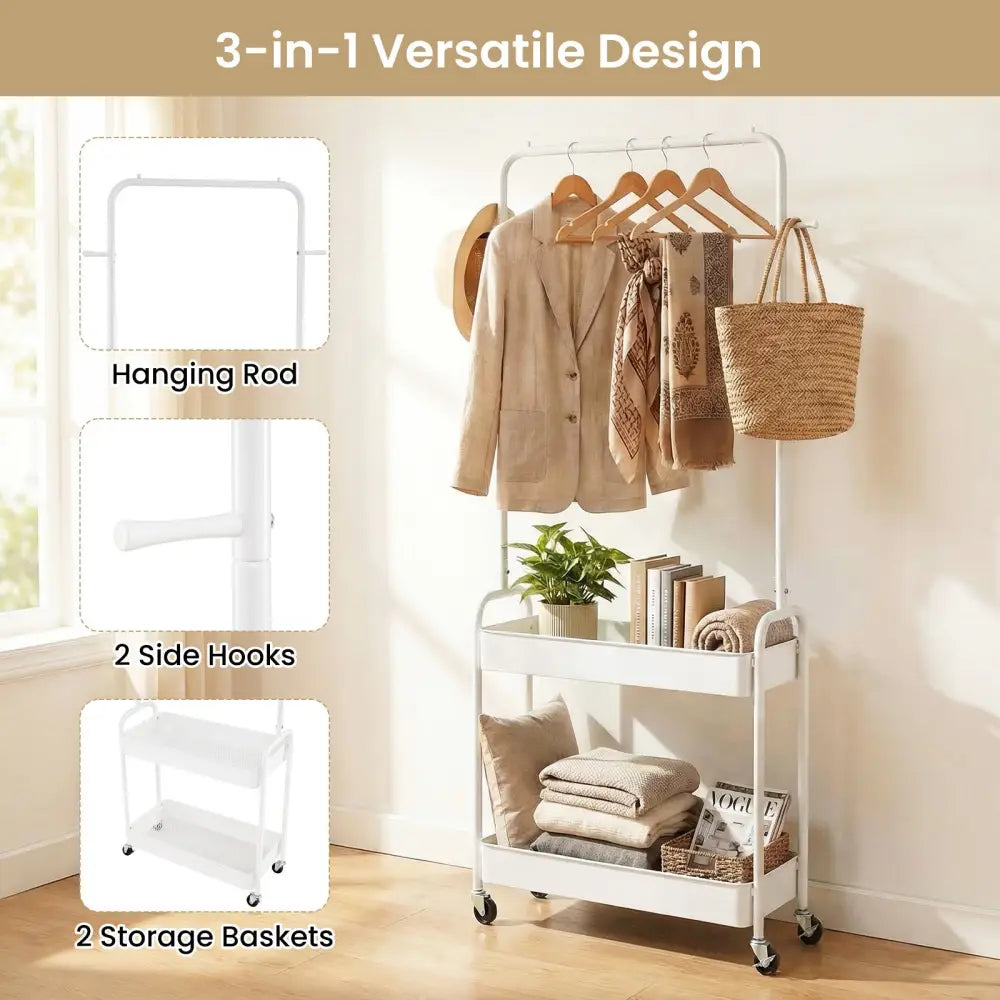 Heavy-Duty Laundry Cart with Hanging Rod and 2 Storage Baskets for Bedroom-White - White - Clothing & Closet Storage