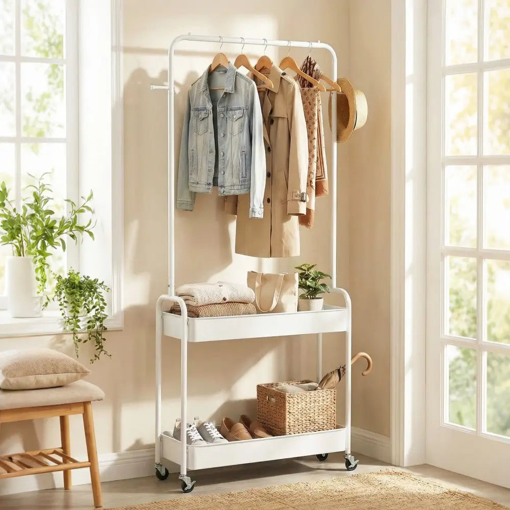 Heavy-Duty Laundry Cart with Hanging Rod and 2 Storage Baskets for Bedroom-White - White - Clothing & Closet Storage