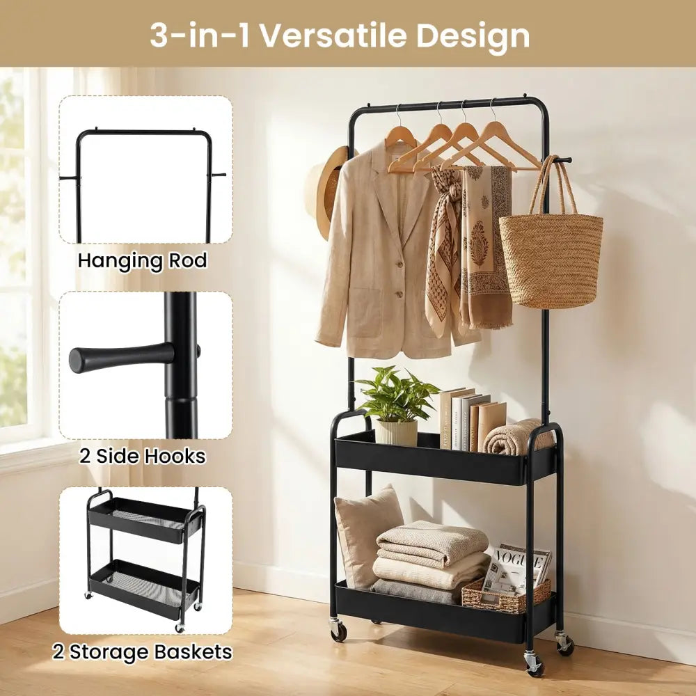 Heavy-Duty Laundry Cart with Hanging Rod and 2 Storage Baskets for Bedroom-Black - Black - Clothing & Closet Storage