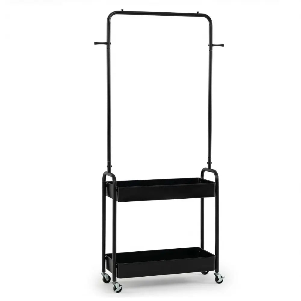 Heavy-Duty Laundry Cart with Hanging Rod and 2 Storage Baskets for Bedroom-Black - Black - Clothing & Closet Storage