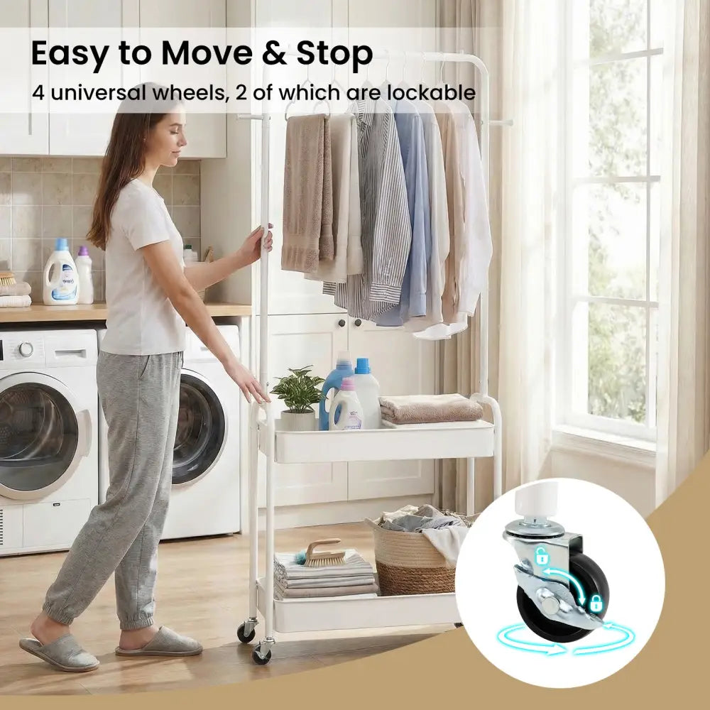 Heavy-Duty Laundry Cart with Hanging Rod and 2 Storage Baskets for Bedroom-White - White - Clothing & Closet Storage
