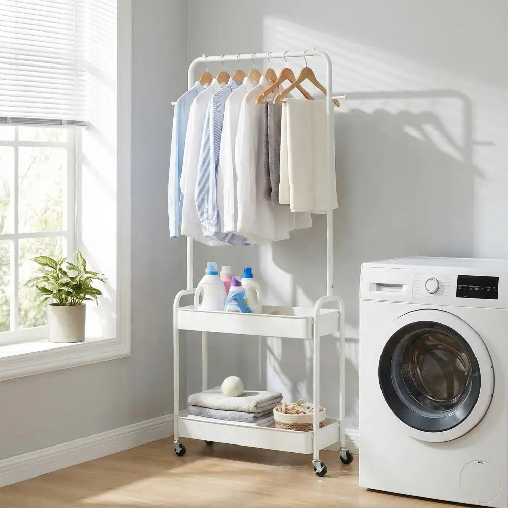 Heavy-Duty Laundry Cart with Hanging Rod and 2 Storage Baskets for Bedroom-White - White - Clothing & Closet Storage