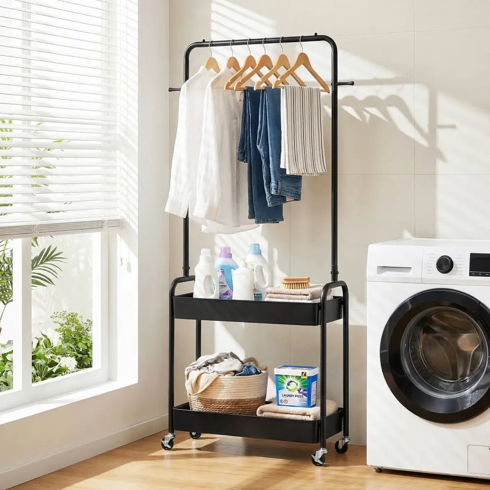 Heavy-Duty Laundry Cart with Hanging Rod and 2 Storage Baskets for Bedroom-Black - Black - Clothing & Closet Storage