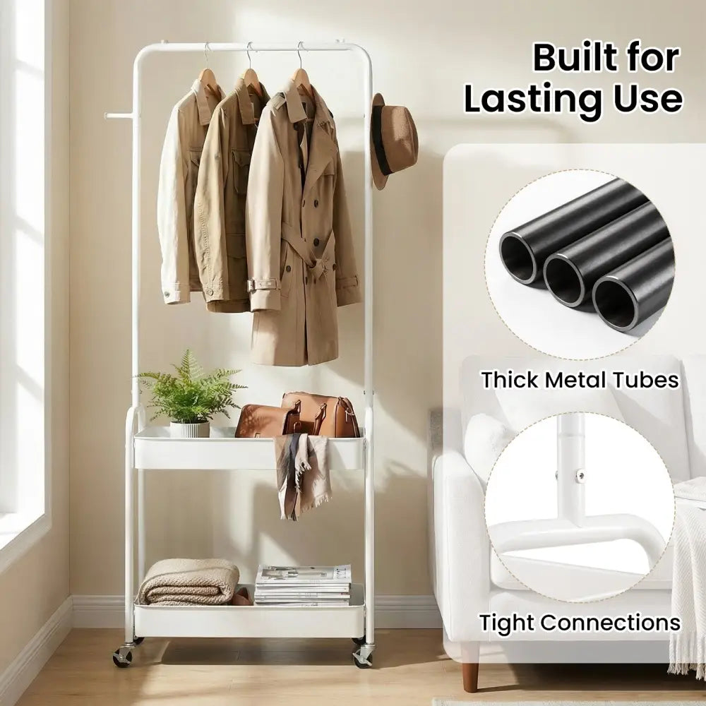 Heavy-Duty Laundry Cart with Hanging Rod and 2 Storage Baskets for Bedroom-White - White - Clothing & Closet Storage