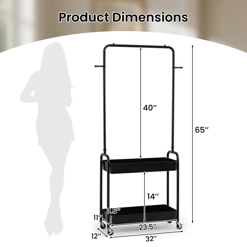 Heavy-Duty Laundry Cart with Hanging Rod and 2 Storage Baskets for Bedroom-Black - Black - Clothing & Closet Storage