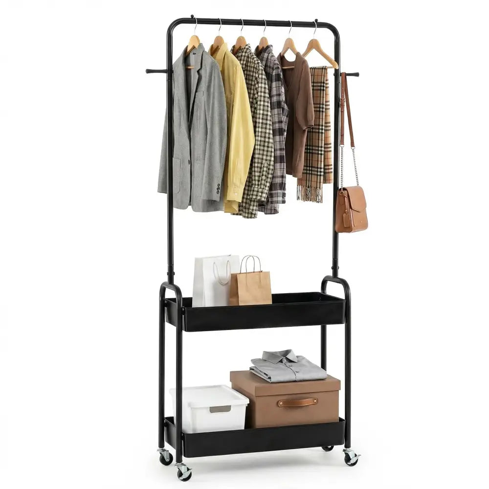 Heavy-Duty Laundry Cart with Hanging Rod and 2 Storage Baskets for Bedroom-Black - Black - Clothing & Closet Storage