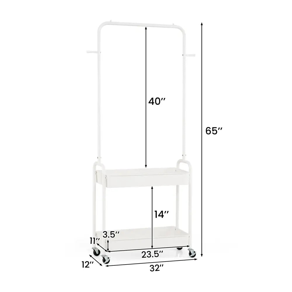 Heavy-Duty Laundry Cart with Hanging Rod and 2 Storage Baskets for Bedroom-White - White - Clothing & Closet Storage