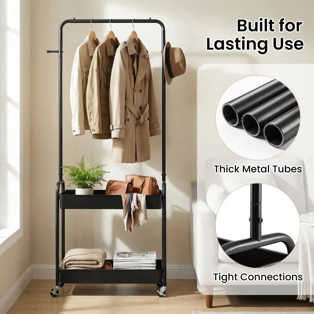 Heavy-Duty Laundry Cart with Hanging Rod and 2 Storage Baskets for Bedroom-Black - Black - Clothing & Closet Storage