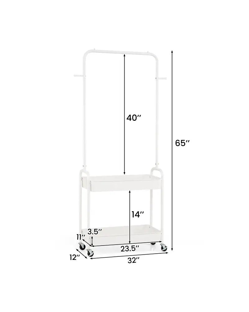 Heavy-Duty Laundry Cart with Hanging Rod and 2 Storage Baskets for Bedroom-White - White - Clothing & Closet Storage