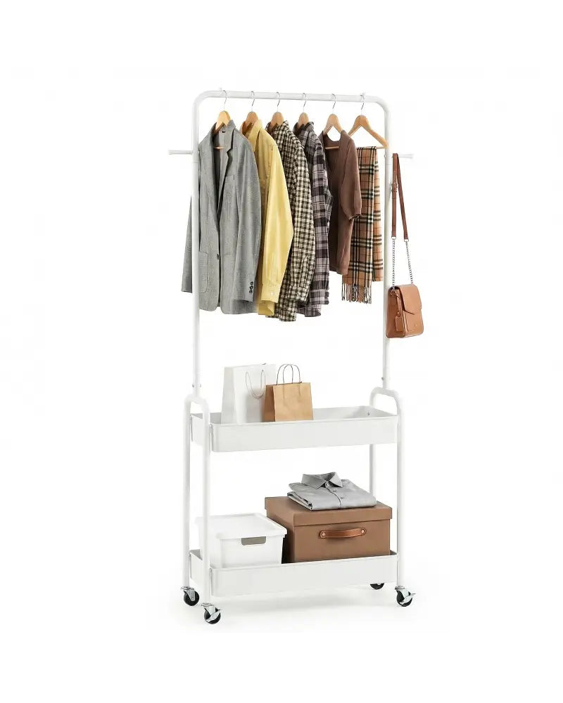 Heavy-Duty Laundry Cart with Hanging Rod and 2 Storage Baskets for Bedroom-White - White - Clothing & Closet Storage