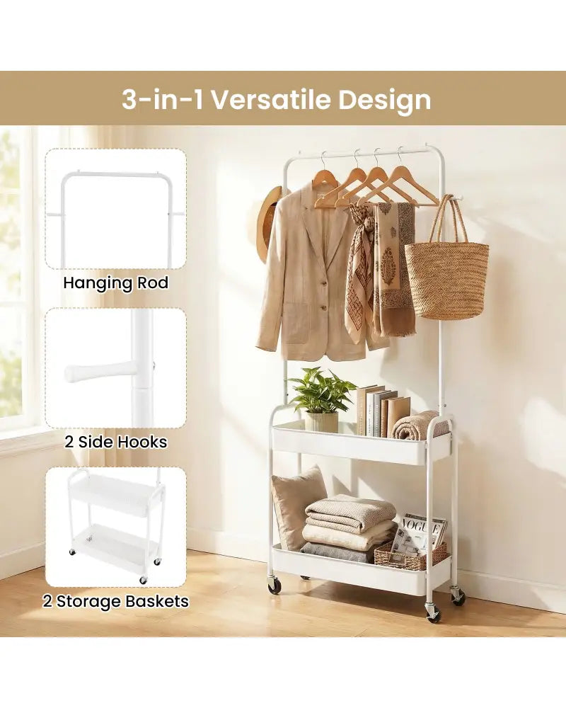 Heavy-Duty Laundry Cart with Hanging Rod and 2 Storage Baskets for Bedroom-White - White - Clothing & Closet Storage