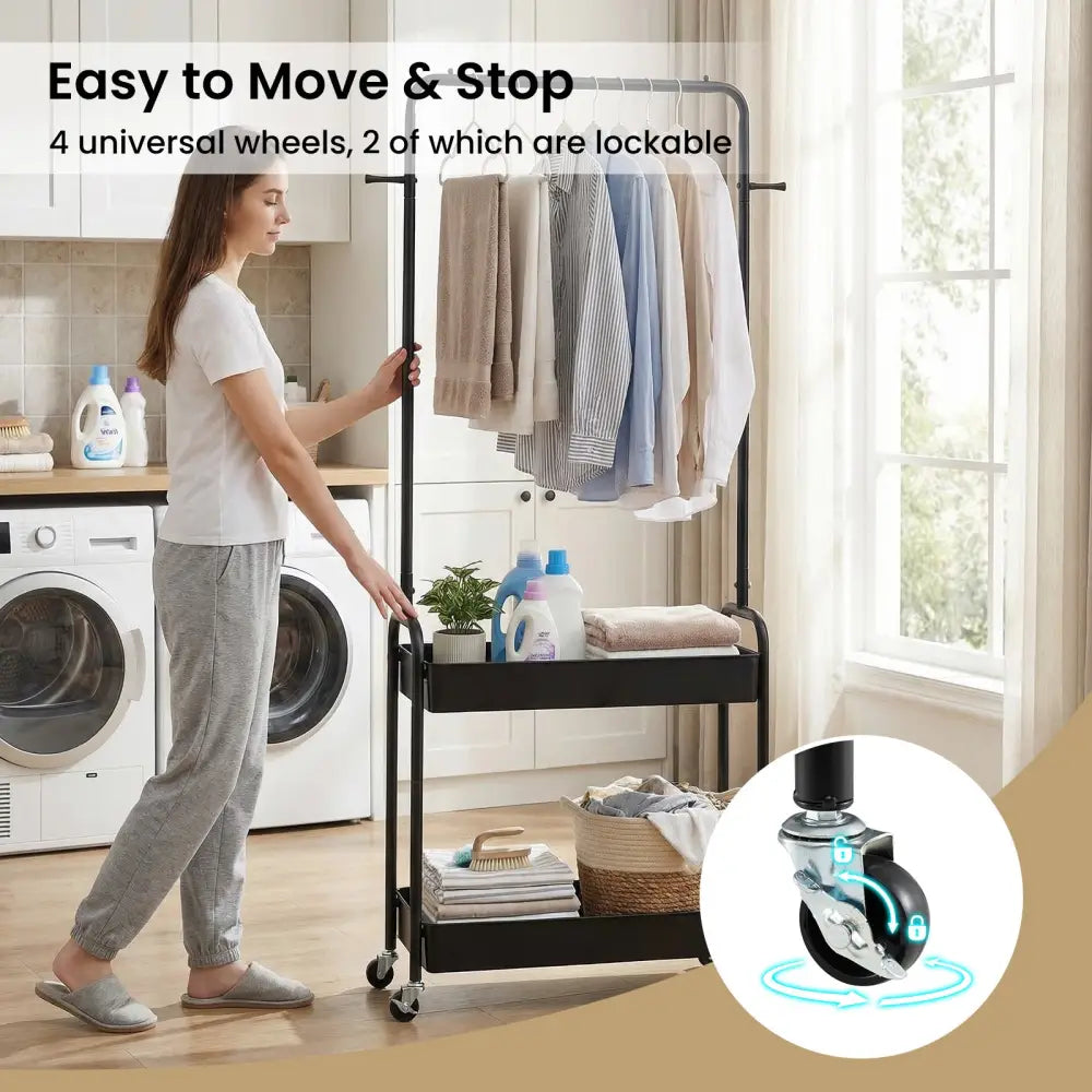 Heavy-Duty Laundry Cart with Hanging Rod and 2 Storage Baskets for Bedroom-Black - Black - Clothing & Closet Storage