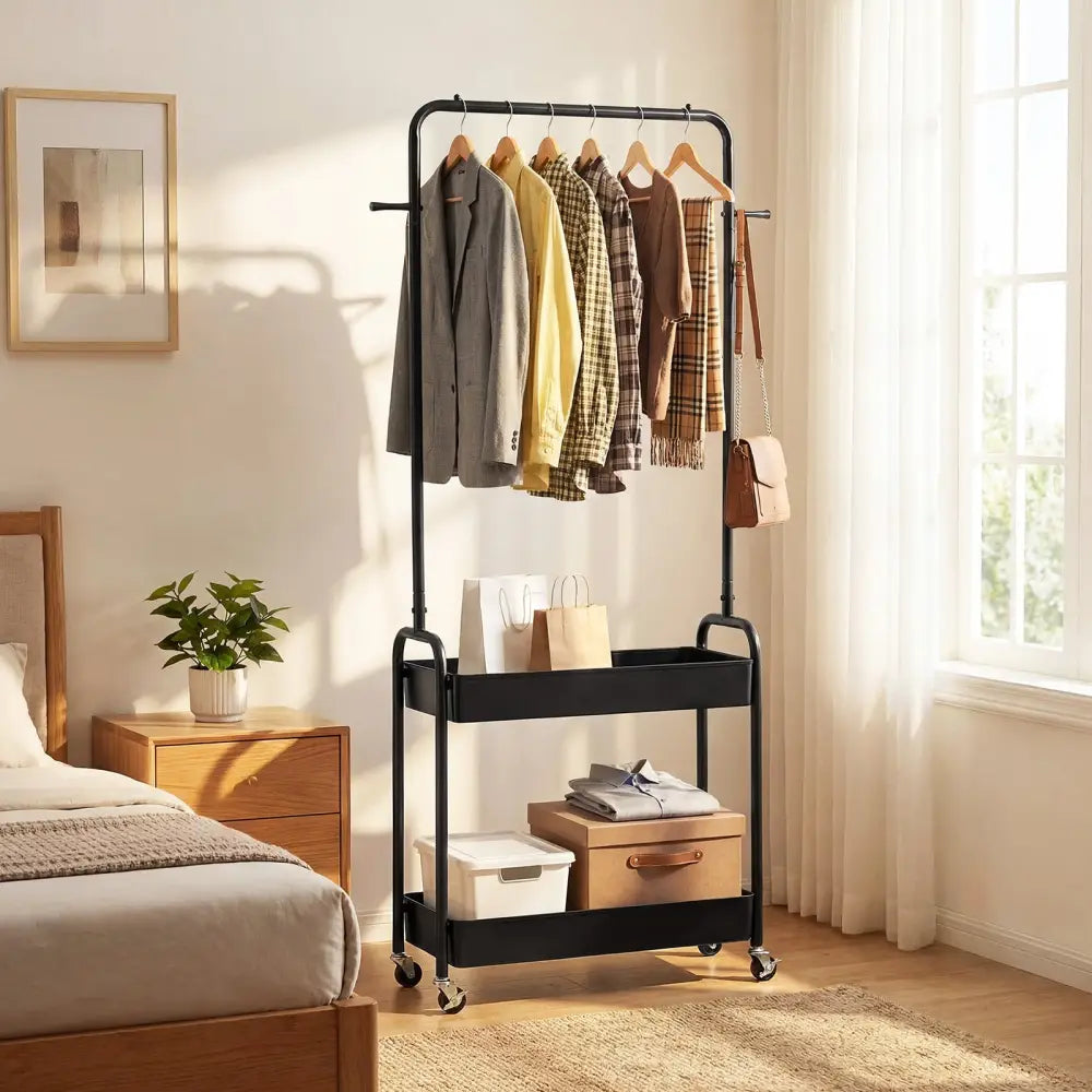 Heavy-Duty Laundry Cart with Hanging Rod and 2 Storage Baskets for Bedroom-Black - Black - Clothing & Closet Storage