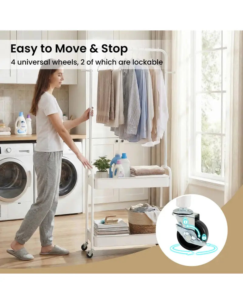 Heavy-Duty Laundry Cart with Hanging Rod and 2 Storage Baskets for Bedroom-White - White - Clothing & Closet Storage