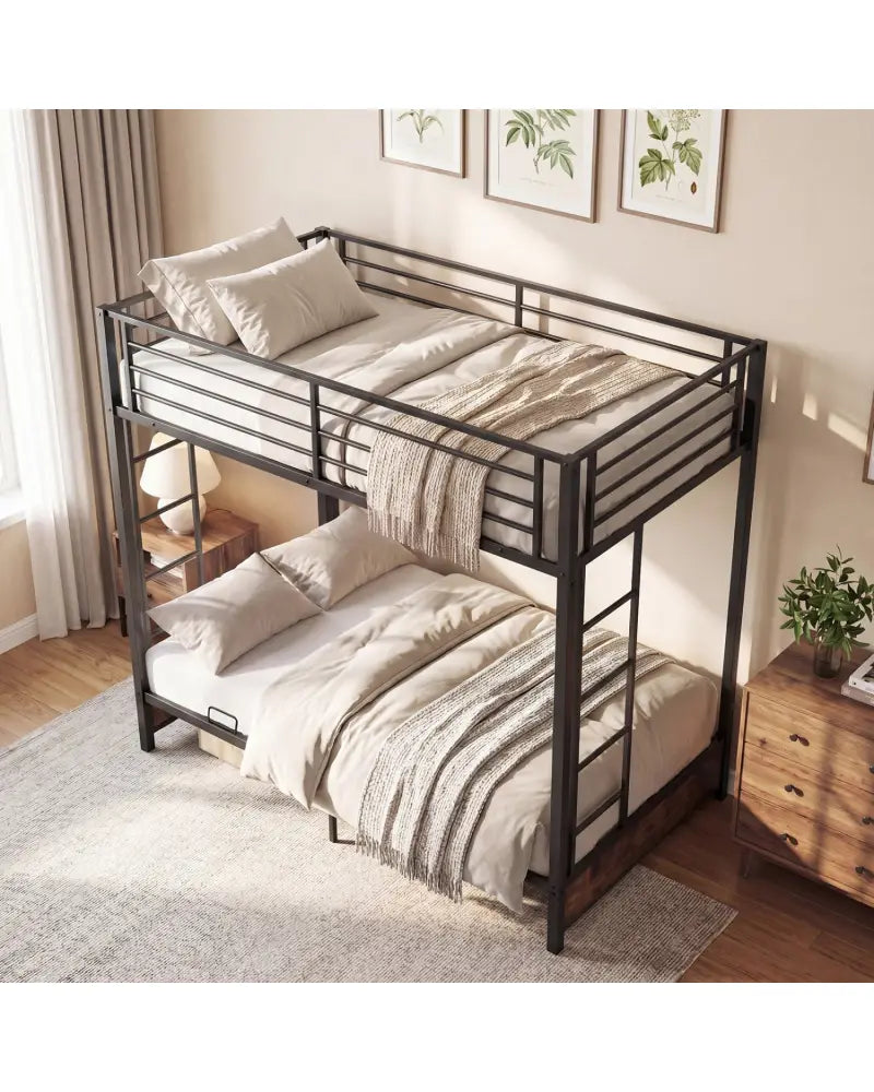 Heavy Duty Metal Bunk Bed Frame with Headboard and Footboard-Rustic Brown - Rustic Brown - Bunk Bed Frame