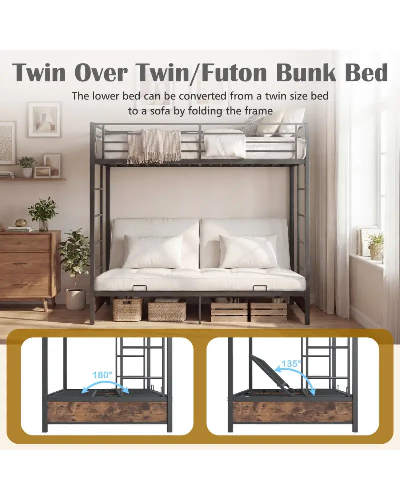 Heavy Duty Metal Bunk Bed Frame with Headboard and Footboard-Rustic Brown - Rustic Brown - Bunk Bed Frame