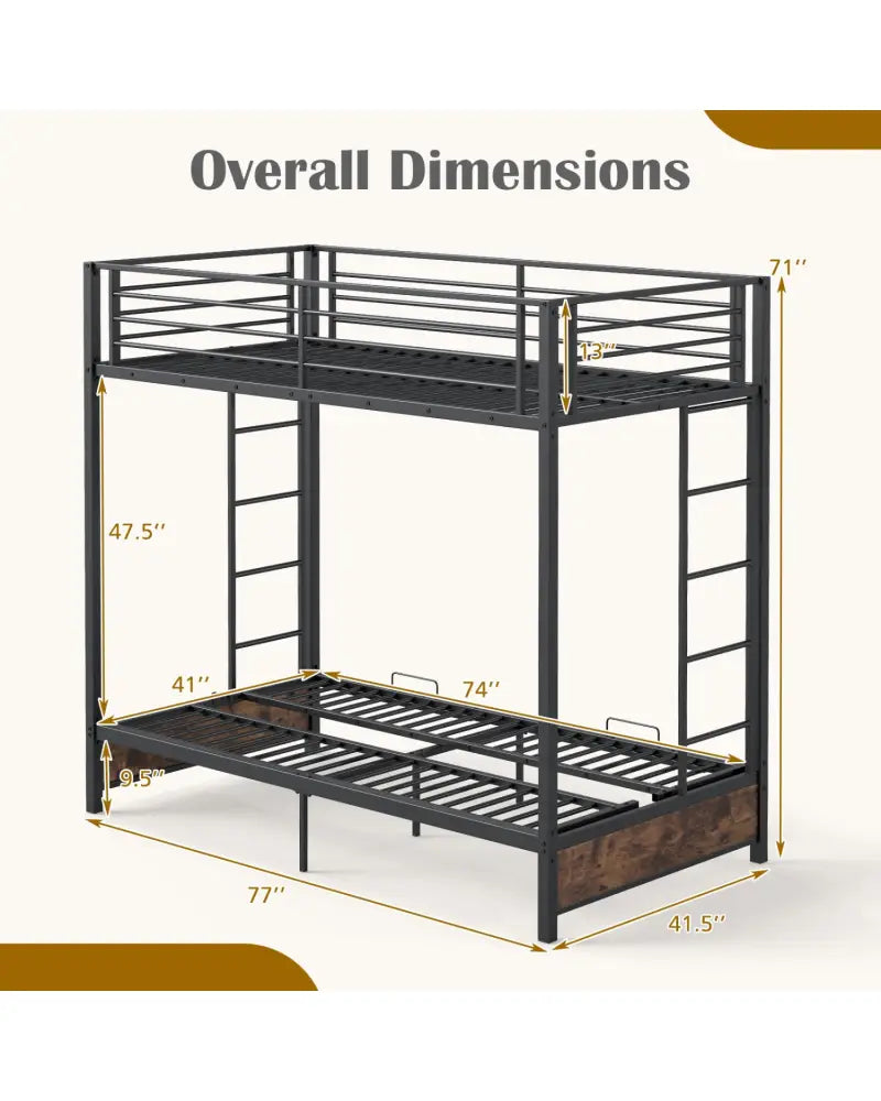 Heavy Duty Metal Bunk Bed Frame with Headboard and Footboard-Rustic Brown - Rustic Brown - Bunk Bed Frame
