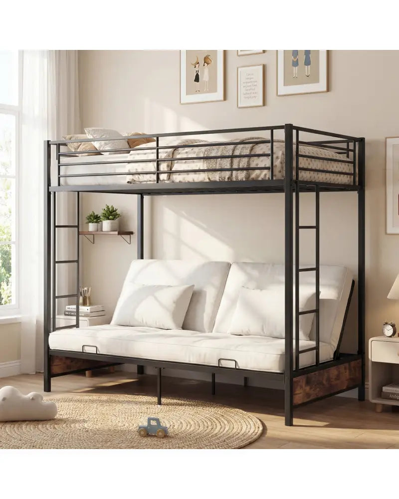 Heavy Duty Metal Bunk Bed Frame with Headboard and Footboard-Rustic Brown - Rustic Brown - Bunk Bed Frame