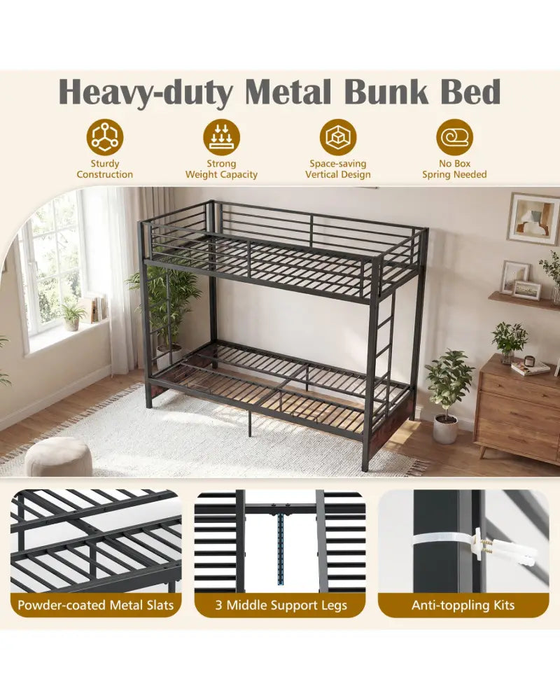 Heavy Duty Metal Bunk Bed Frame with Headboard and Footboard-Rustic Brown - Rustic Brown - Bunk Bed Frame