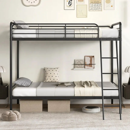 Heavy Duty Metal Bunk Bed with Ladder and Safety Guardrails-Black - Black - Bunk Bed Frame