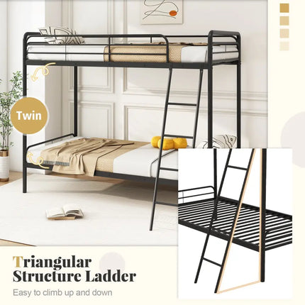 Heavy Duty Metal Bunk Bed with Ladder and Safety Guardrails-Black - Black - Bunk Bed Frame