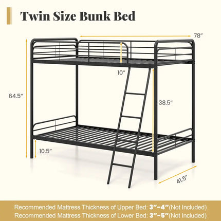 Heavy Duty Metal Bunk Bed with Ladder and Safety Guardrails-Black - Black - Bunk Bed Frame
