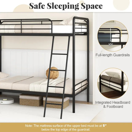 Heavy Duty Metal Bunk Bed with Ladder and Safety Guardrails-Black - Black - Bunk Bed Frame