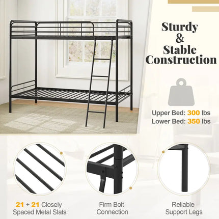 Heavy Duty Metal Bunk Bed with Ladder and Safety Guardrails-Black - Black - Bunk Bed Frame