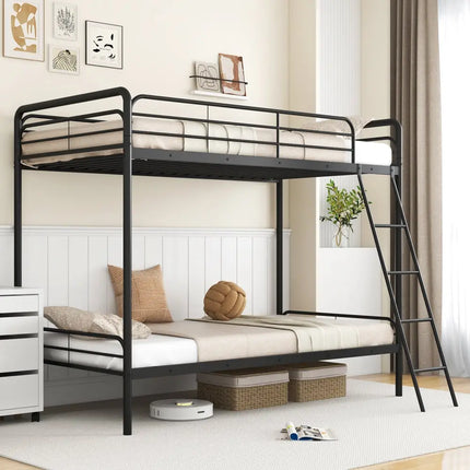Heavy Duty Metal Bunk Bed with Ladder and Safety Guardrails-Black - Black - Bunk Bed Frame