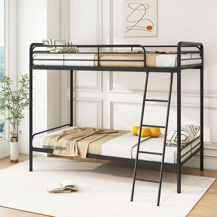 Heavy Duty Metal Bunk Bed with Ladder and Safety Guardrails-Black - Black - Bunk Bed Frame