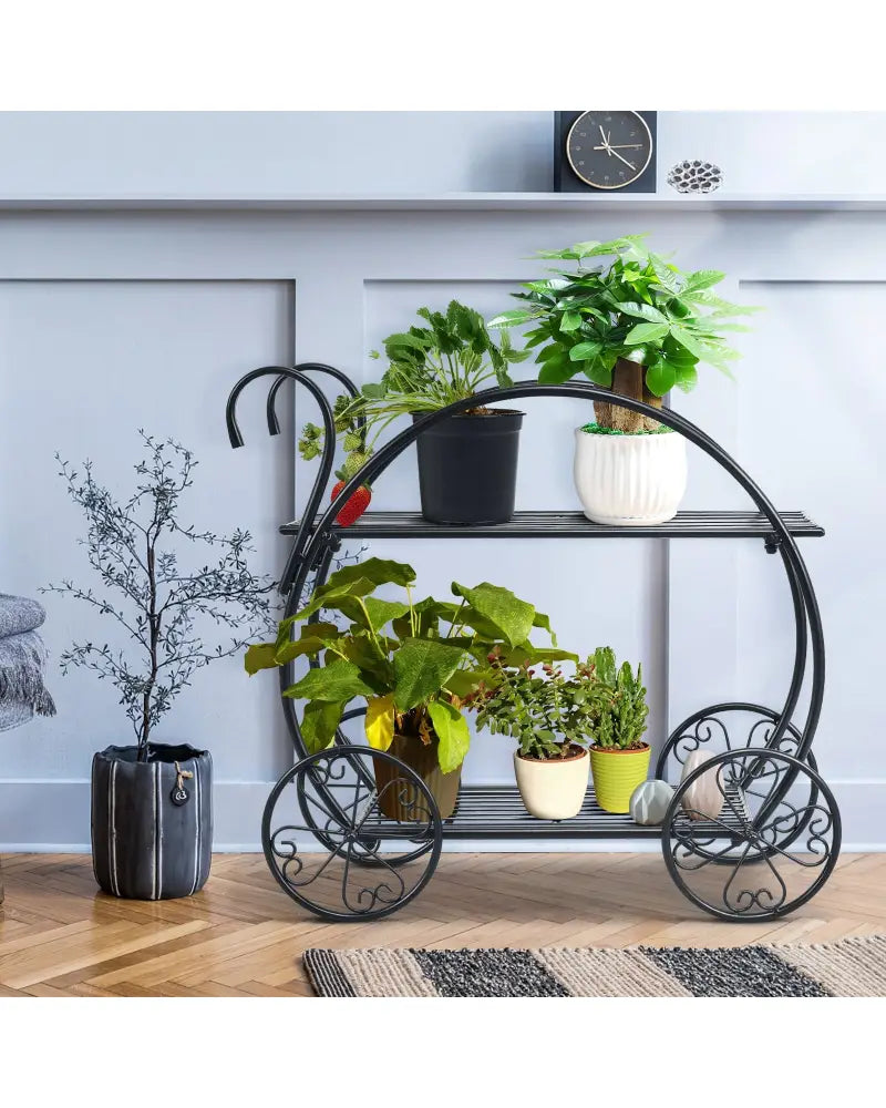 Heavy Duty Metal Flower Cart Plant Stand - Black - Plant Stands