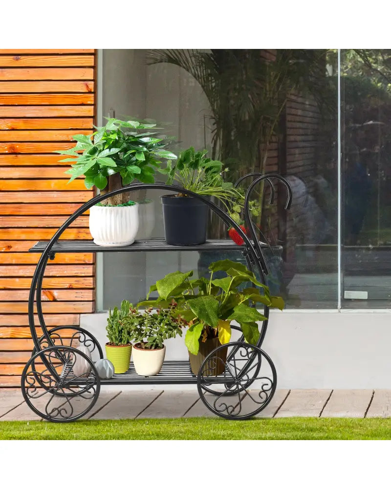 Heavy Duty Metal Flower Cart Plant Stand - Black - Plant Stands