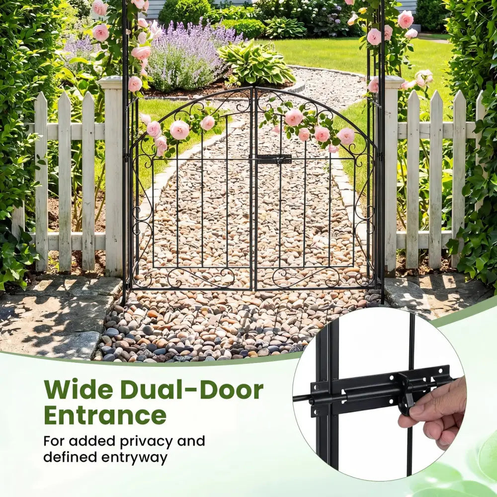 Heavy-Duty Metal Garden Arch with Gate and Safety Latch-Black - Black - Garden Arbors