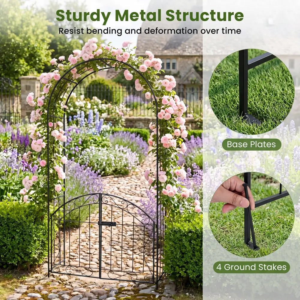 Heavy-Duty Metal Garden Arch with Gate and Safety Latch-Black - Black - Garden Arbors