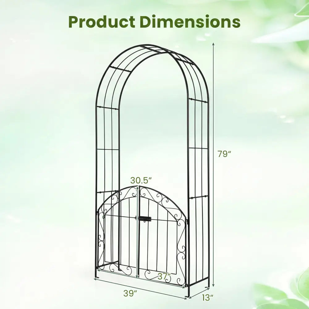 Heavy-Duty Metal Garden Arch with Gate and Safety Latch-Black - Black - Garden Arbors
