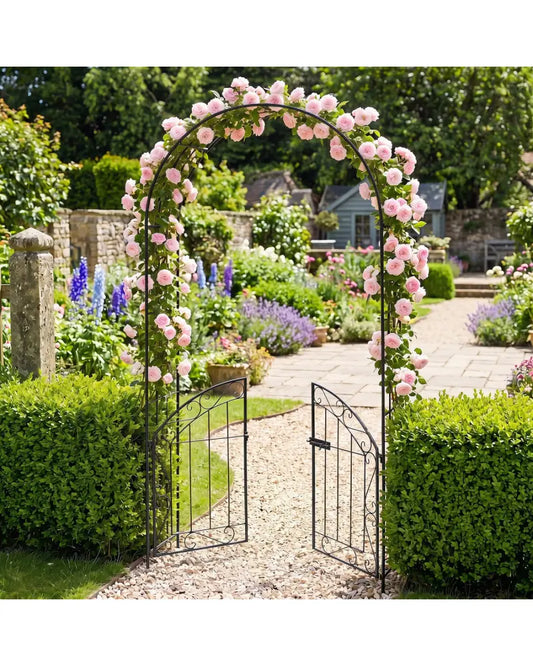 Heavy-Duty Metal Garden Arch with Gate and Safety Latch-Black - Black - Garden Arbors