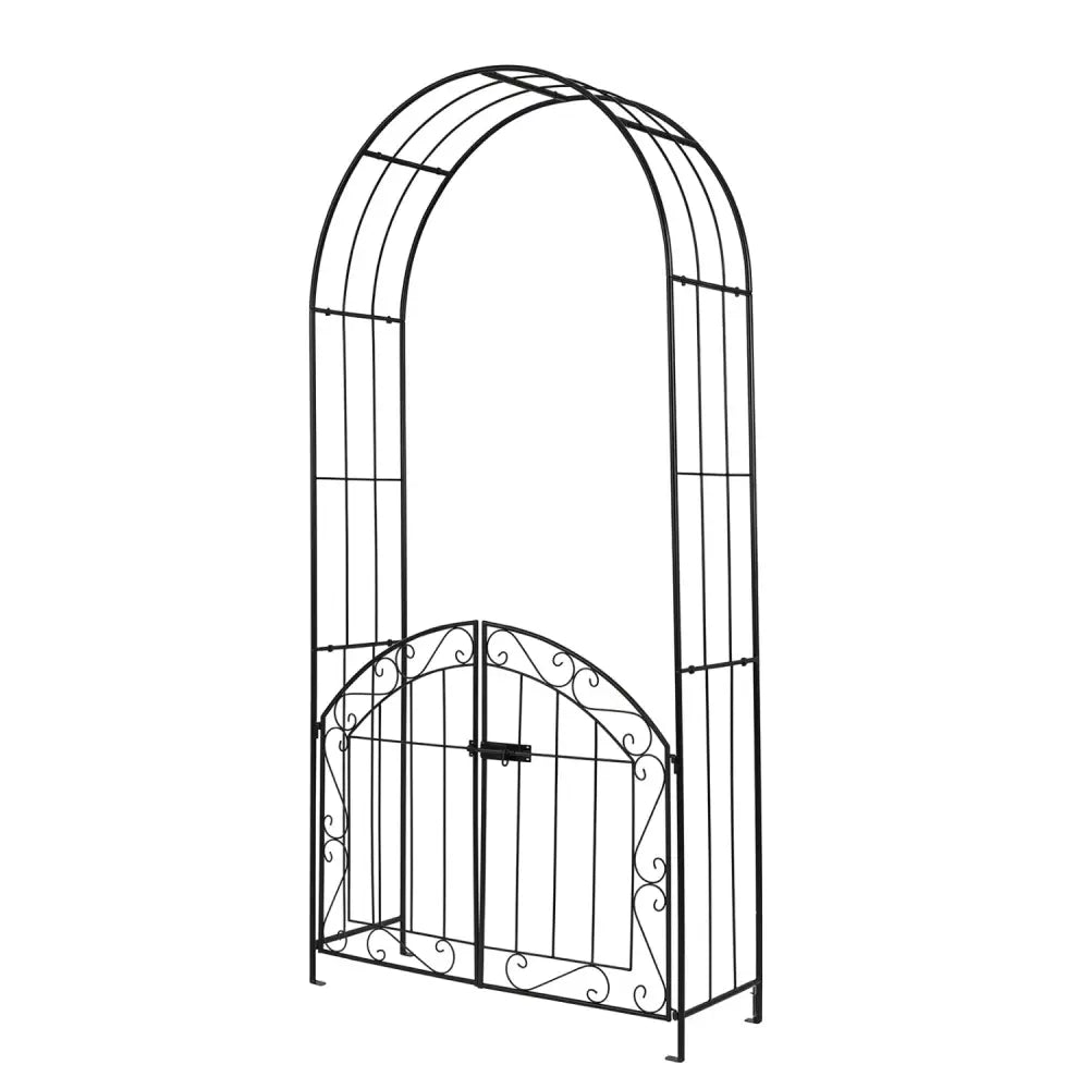 Heavy-Duty Metal Garden Arch with Gate and Safety Latch-Black - Black - Garden Arbors