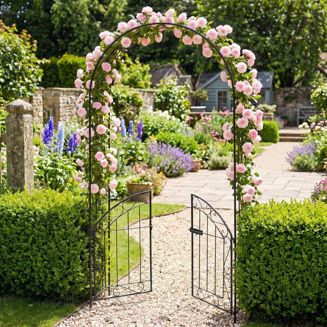 Heavy-Duty Metal Garden Arch with Gate and Safety Latch-Black - Black - Outdoor Decor